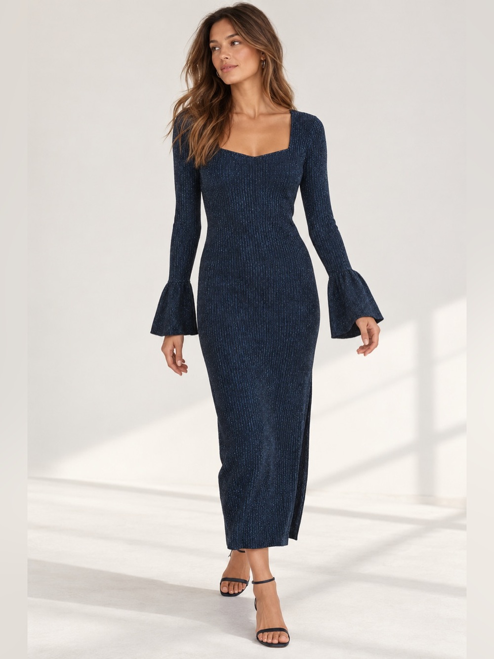 LOFT Petites Metallic Ribbed Bell Sleeve Maxi Dress Navy MP NWT